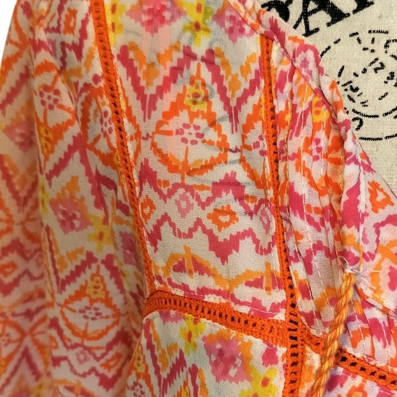 Red Camel Orange Pink Ikat Boho Peasant Top Tassel Tie Crochet Trim Women's M - Picture 6 of 9